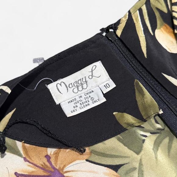 VTG 90s Maggy L Black, Yellow & Green 100% Silk Tropical Floral Wrap Midi Dress - Picture 8 of 8